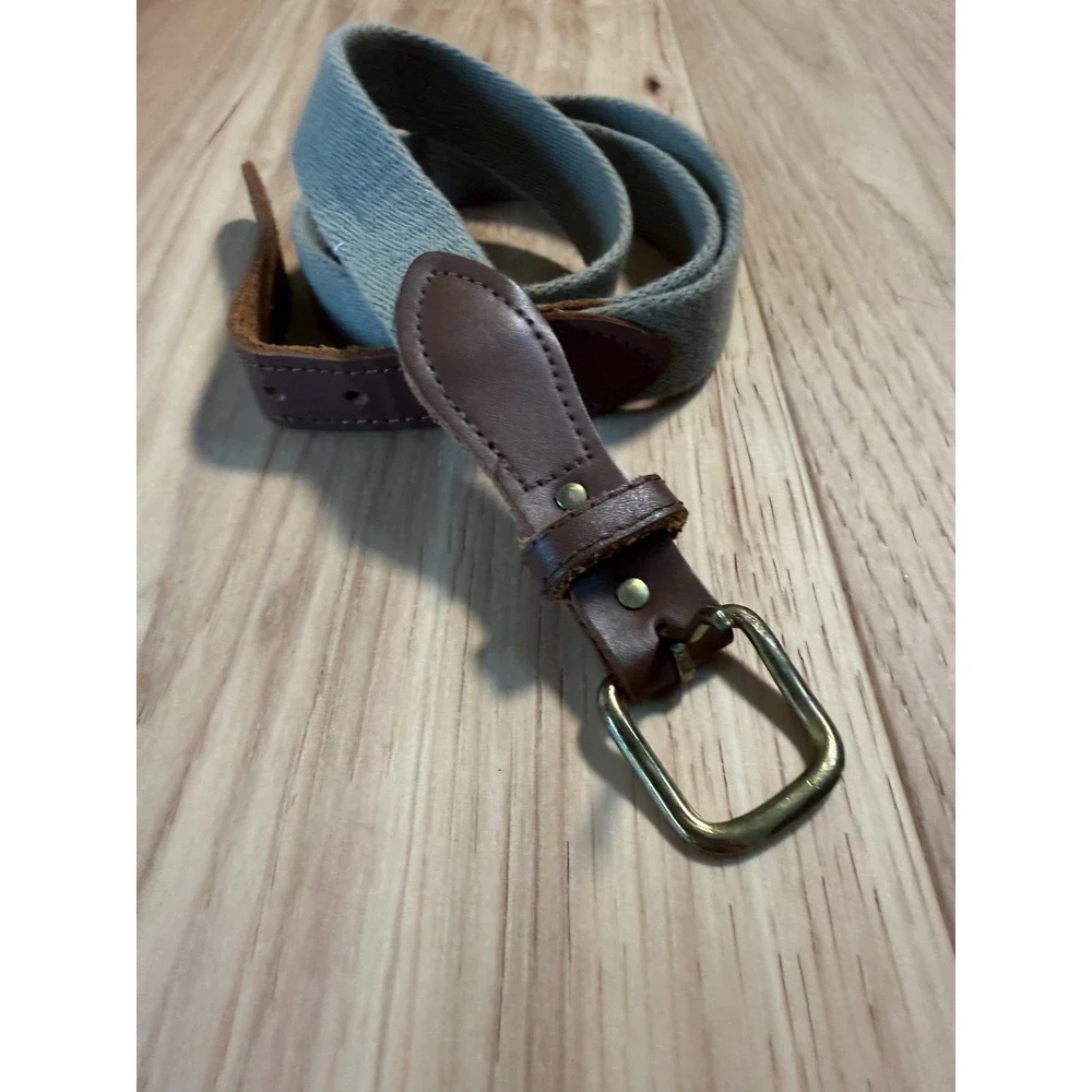 Webbed Canvas Belt Mens 40 Tan with brown Leather Trim Brass Buckle made in USA